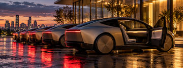Fleet of autonomous Cybercab vehicles parked outside a building at dusk