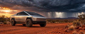 Tesla Cybertruck on red dirt Australian outback road under dark clouds