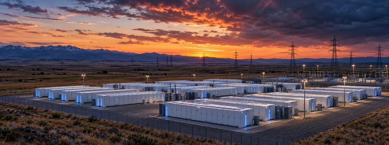 Aerial view of white Tesla Megapack battery units at a Colorado energy storage facility at dusk