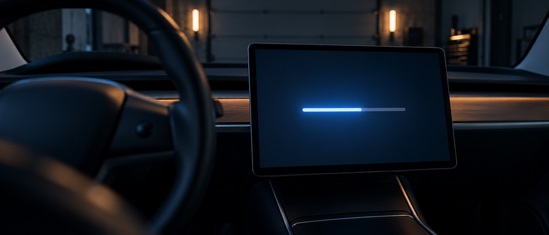 Tesla Model 3 center touchscreen showing software update progress in dark garage