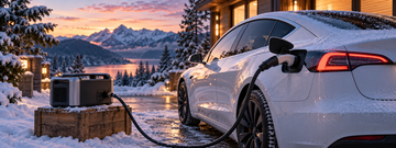 Tesla electric vehicle with charge port open and adapter cable in snowy Canadian driveway