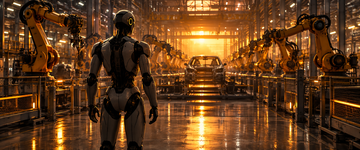 Tesla Optimus humanoid robot in a California factory with production line behind