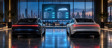 Two electric sedans parked in a modern showroom with a blurred digital pricing screen in the background