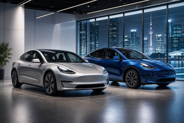 Silver Tesla Model 3 and blue Model Y in a modern Chinese showroom under bright lights