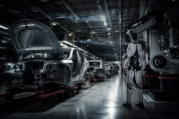 Tesla factory floor with humanoid robot and partially disassembled assembly line