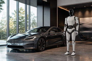 Tesla Optimus humanoid robot displayed beside a Tesla Model S in a showroom