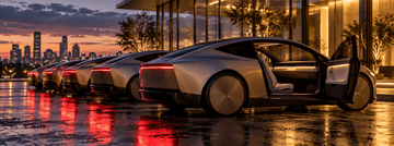 Fleet of autonomous Cybercab vehicles parked outside a building at dusk