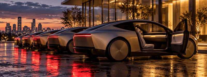 Fleet of autonomous Cybercab vehicles parked outside a building at dusk