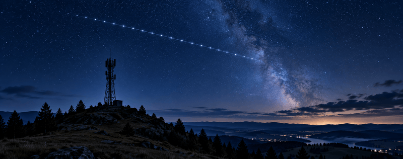 Starlink satellite train above a cell tower at night, illustrating direct-to-cell coverage expansion