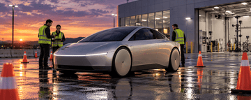 Concept illustration of a silver car beside traffic cones and workers in reflective vests outside a facility at dusk.