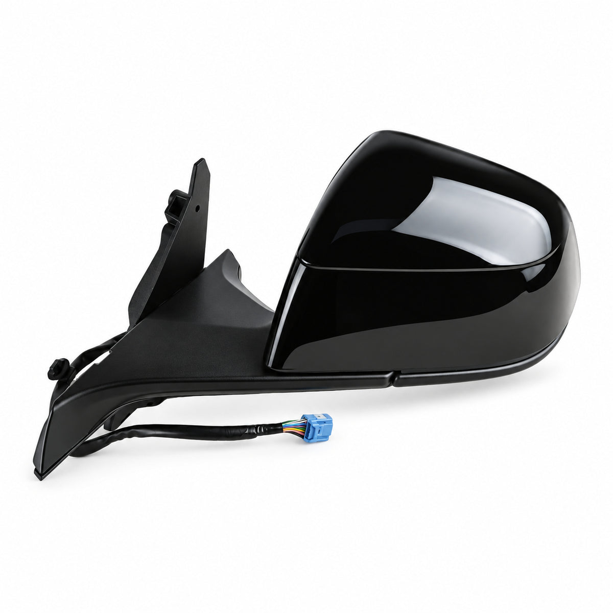 Black left side mirror assembly for Tesla Model Y Juniper and Model YL, complete with painted housing, mounting base and harness
