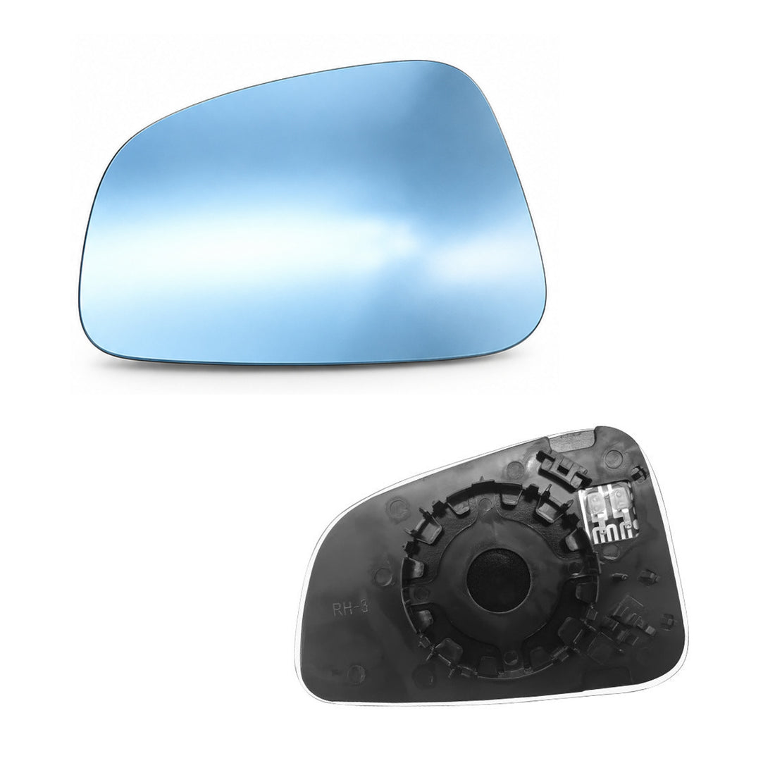 TESERY blue wide-angle exterior mirror glass pair on white, with a blue front and the actual backplate with heater terminals.