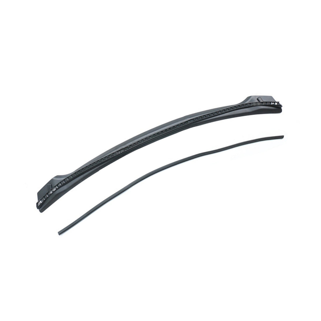 Black double-channel hood weatherstrip kit for pre-Juniper Tesla Model Y, showing the curved ABS support and separate rubber sealing strip on white.