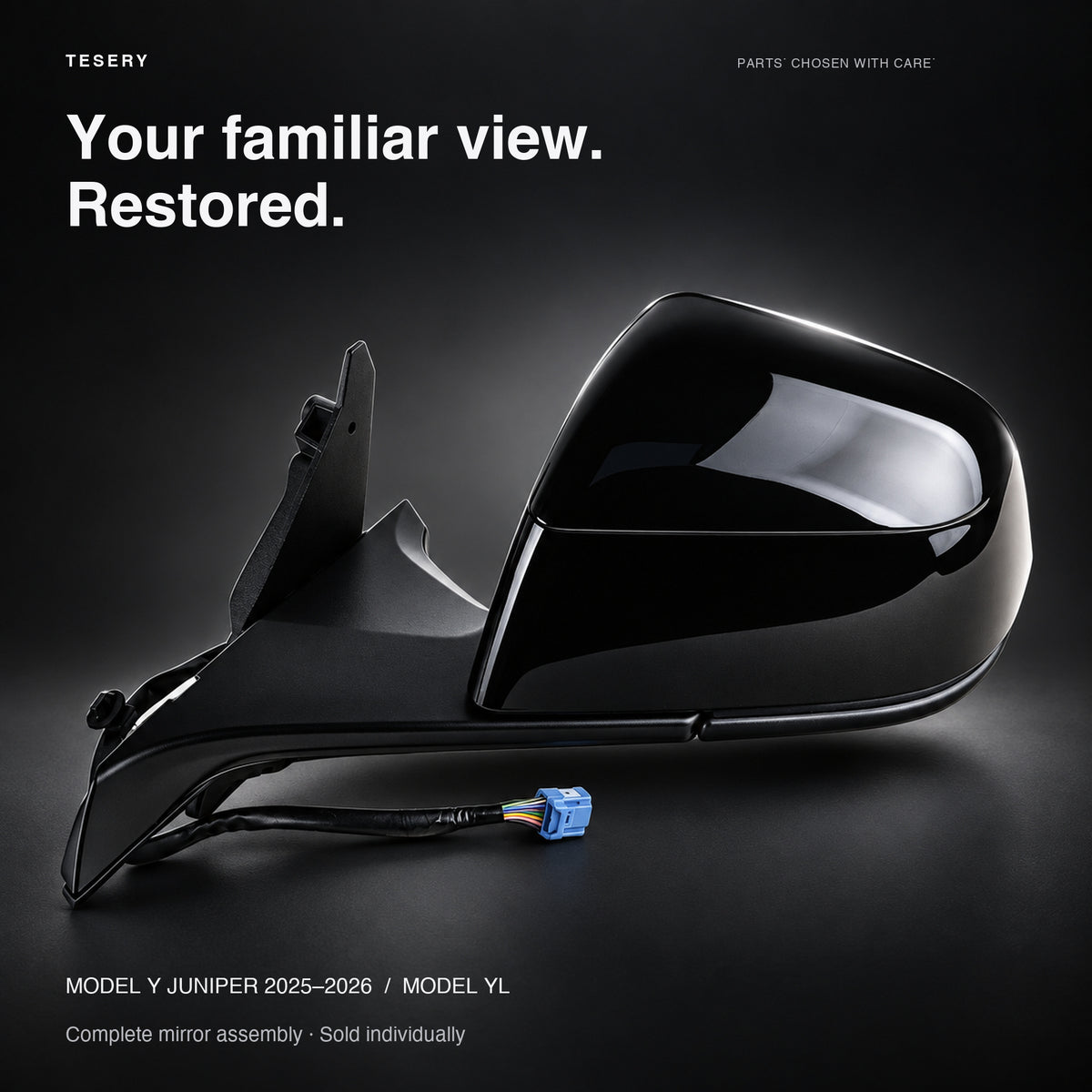TESERY replacement mirror assembly for Model Y Juniper and Model YL, shown in black studio lighting
