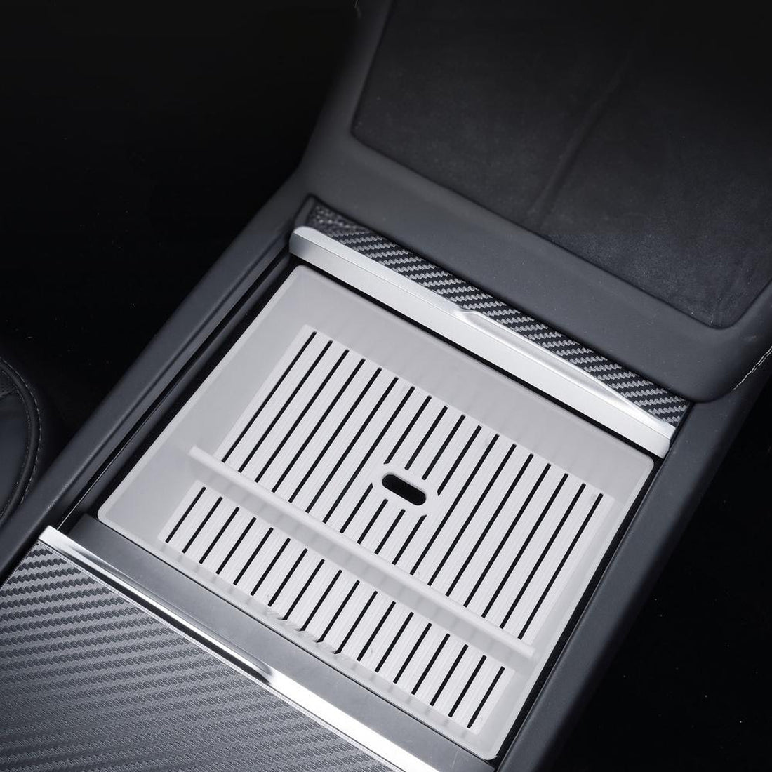 White upper center console storage box with divider and slotted base for Tesla Model 3 Highland and Model Y Juniper. One box.