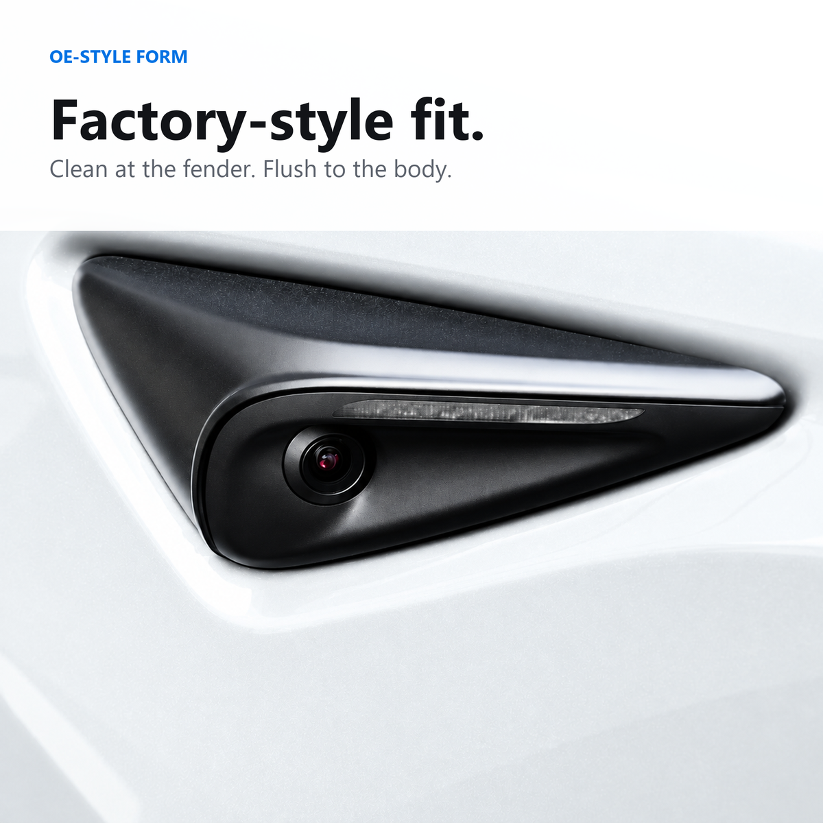 Close-up of a black triangular automotive door handle trim with an integrated camera and LED light strip, mounted on a white car door. Text at the top reads 'OE-STYLE FORM' and 'Factory-style fit.