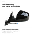 Complete replacement mirror includes painted housing, curved glass, folding base, mounting trim and wiring harness