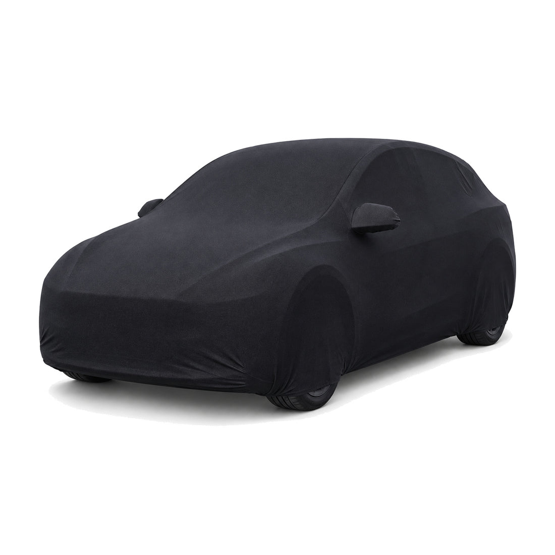 Black ultralight stretch car cover fitted over a Tesla Model Y for indoor and mild outdoor protection
