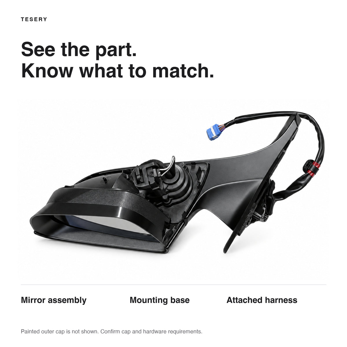 Rear view of the replacement mirror assembly showing the open rear carrier, mounting base and blue harness connector.