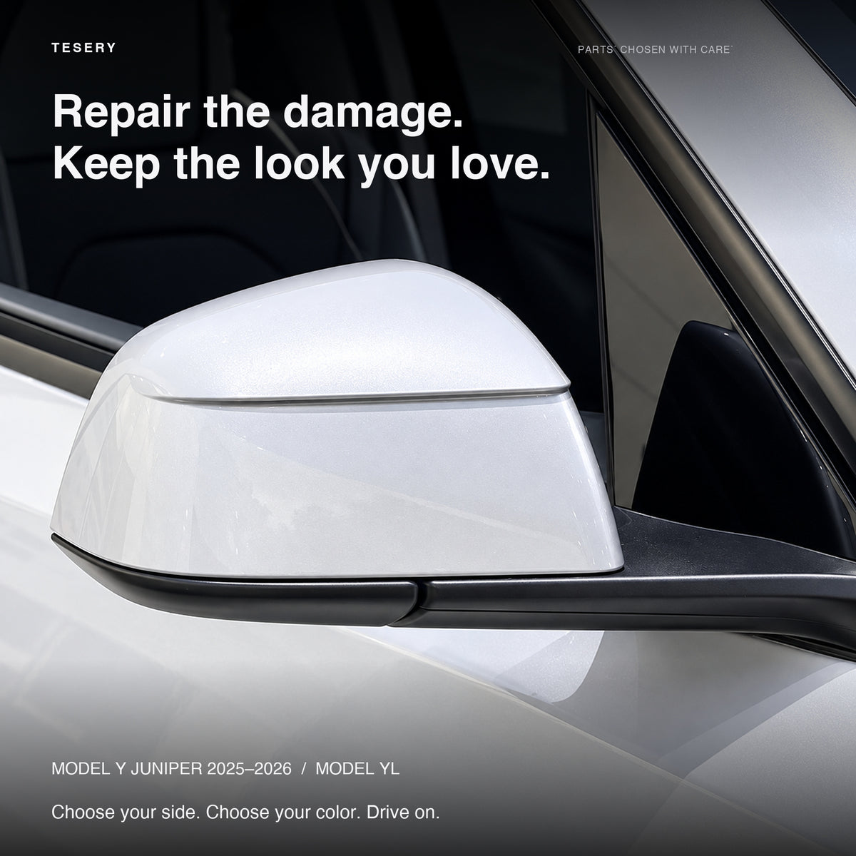 White replacement mirror fitted to Tesla Model Y Juniper, showing the painted housing and black mounting base