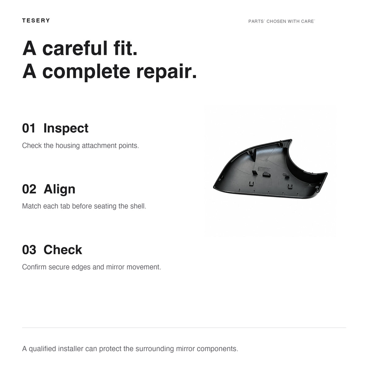 Lower mirror shell fitting guide: inspect mounting points, align retaining tabs and check secure seating