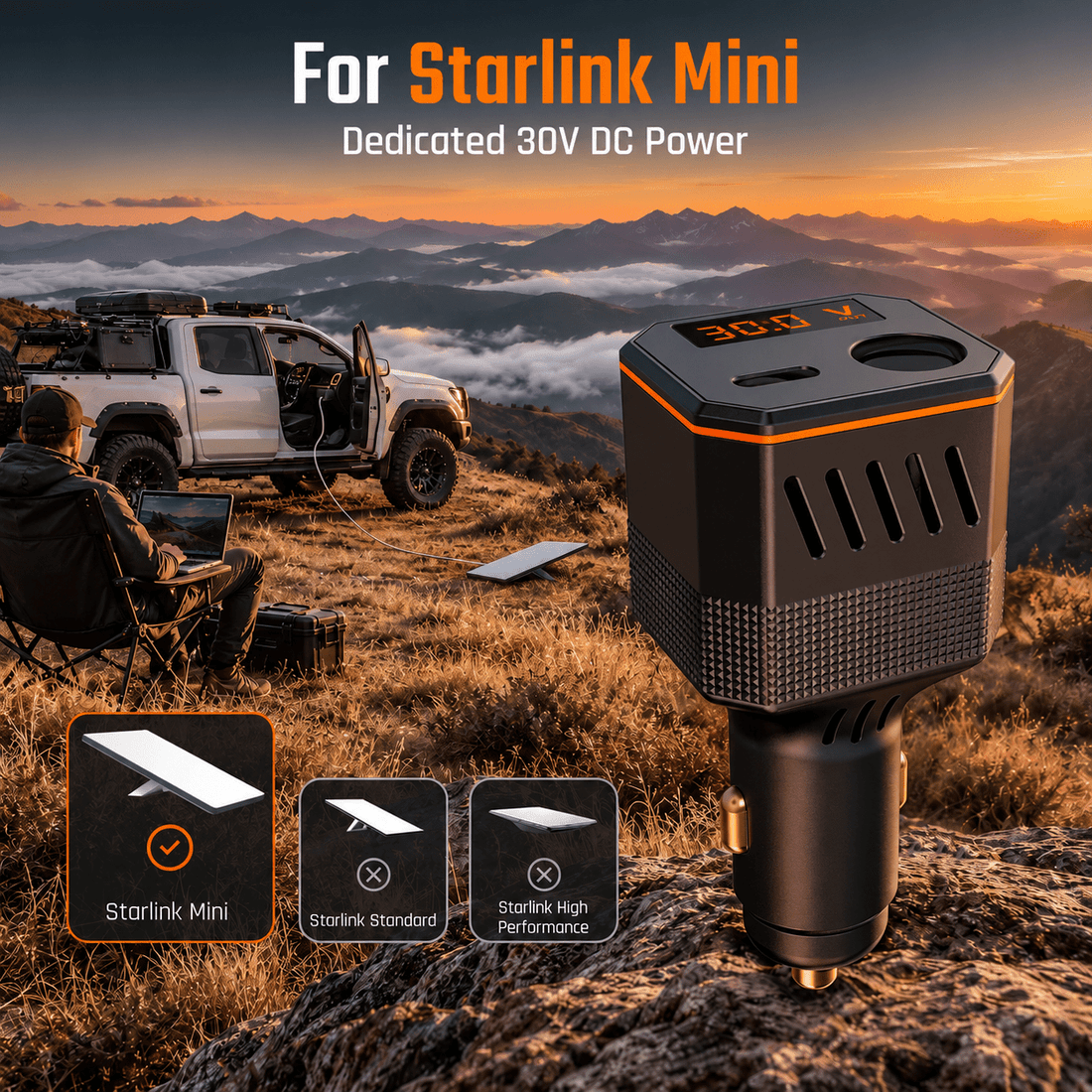 Black car cigarette lighter charger for Starlink Mini with a digital voltage display and orange trim