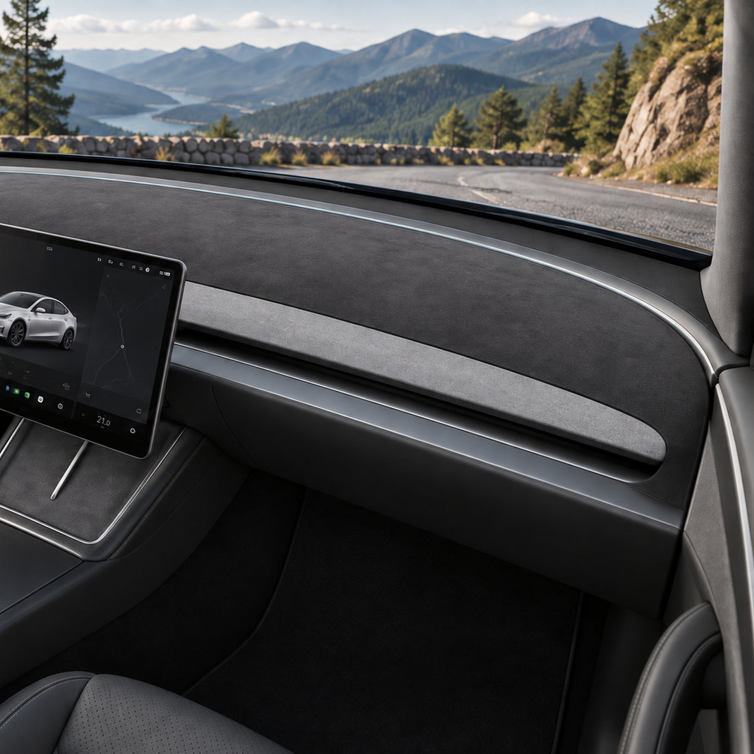 Black suede-fabric Half-Wrapped Tesla dashboard mat with a curved open lower edge, one mat on white.
