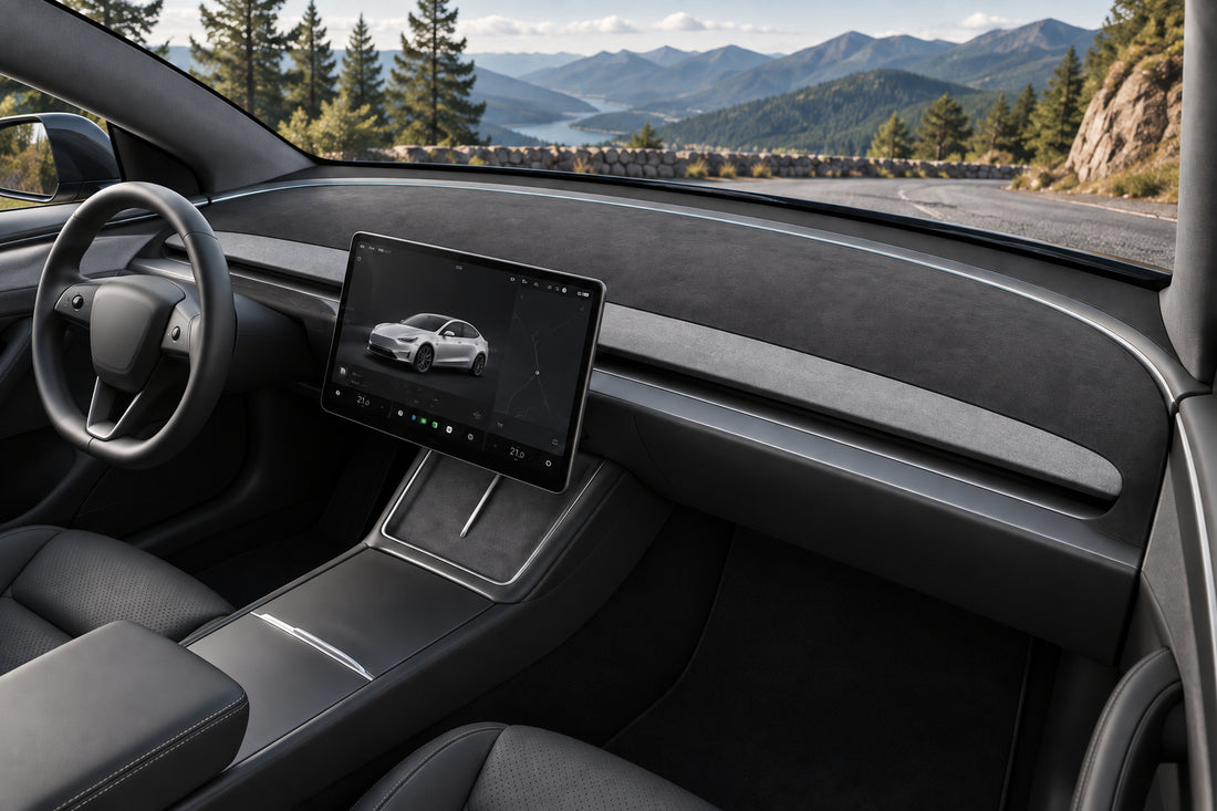 Black suede-fabric Half-Wrapped Tesla dashboard mat with a curved open lower edge, one mat on white.