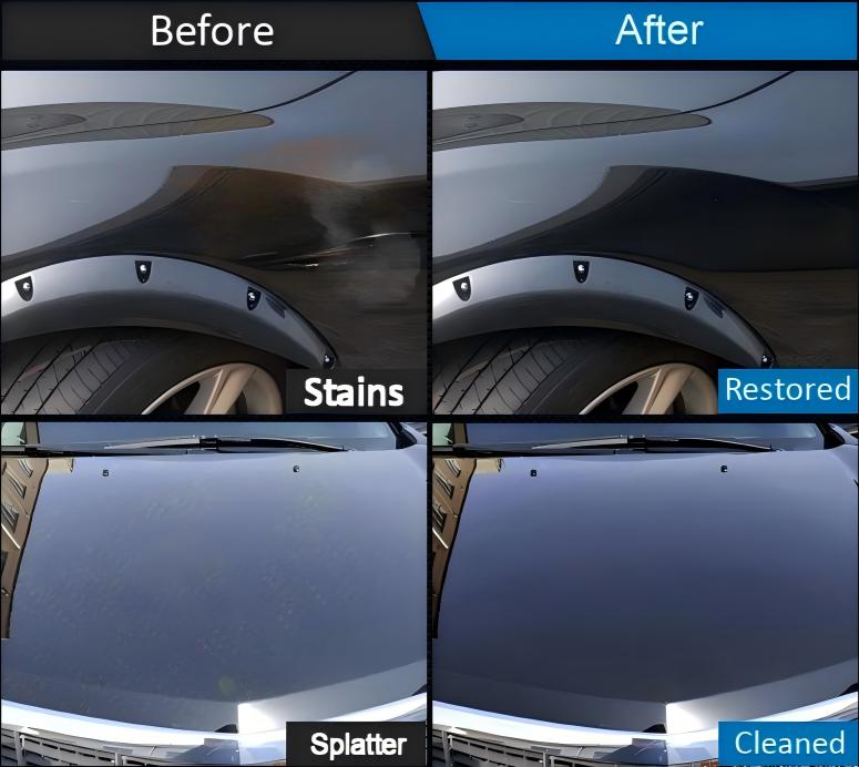 Before and after comparison of a car's hood with stains and splatter, showing cleaning and restoration effects.