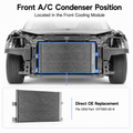 Front A/C condenser replacement diagram showing the condenser positioned in the front cooling module of a car, with a smaller inset of the condenser unit and text noting direct OE replacement.