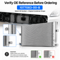 A silver aluminum radiator shown on a white car, with text reading 'Verify OE Reference Before Ordering' and '1077083-00-B'. The image includes close-up callouts of the radiator fins and hose connection, plus fitment examples at the bottom.