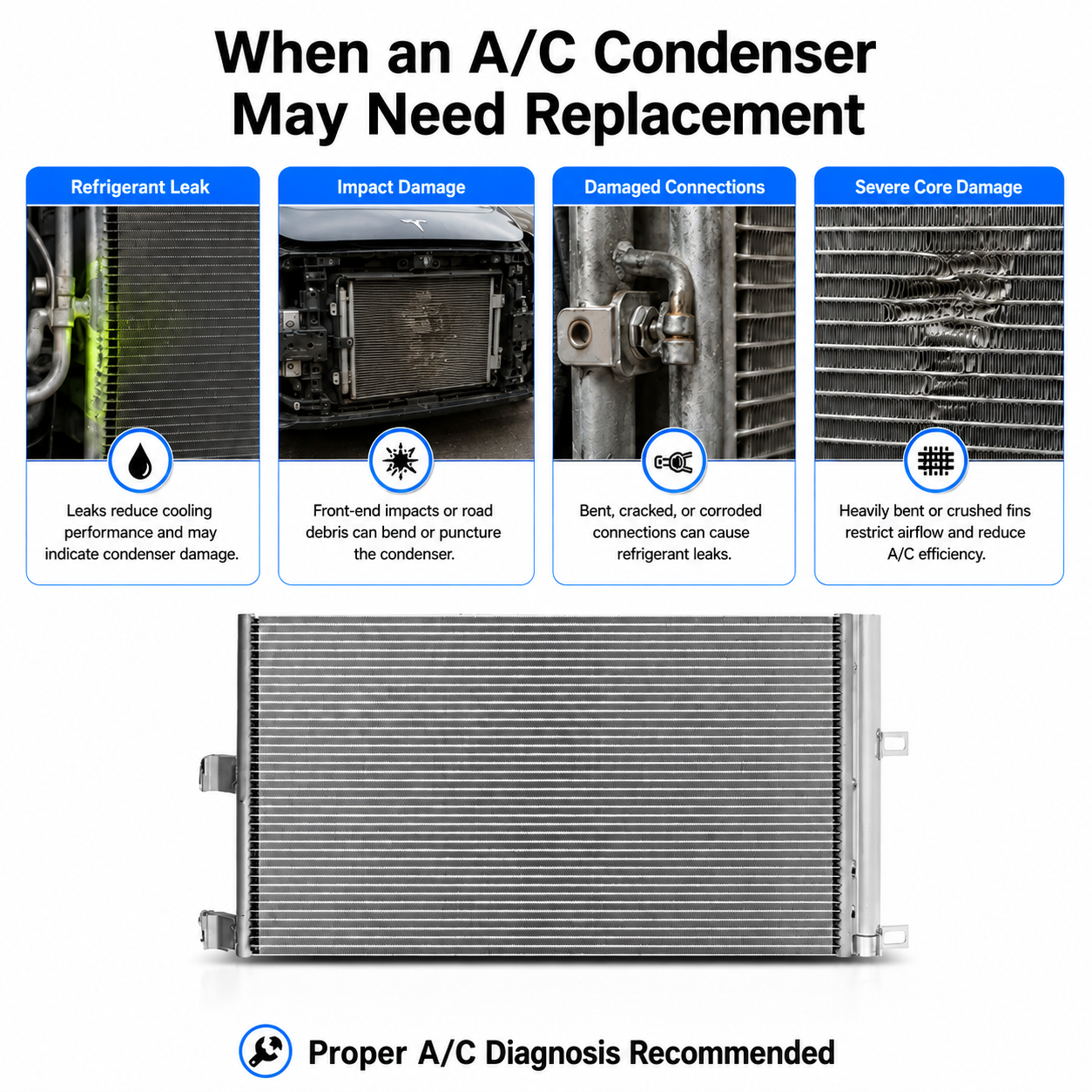 An informational graphic about replacing an A/C condenser, with four text callouts showing common damage causes (refrigerant leak, impact damage, damaged connections, severe core damage) above a large photo of a silver metal condenser on a white background.