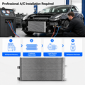 A car A/C installation service graphic with a technician working on a vehicle, a refrigerant recovery machine, a four-step process diagram, and a large silver condenser/intercooler radiator shown at the bottom.