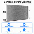 A metal radiator or cooling heat exchanger shown on a white background with the text 'Compare Before Ordering' above it and four blue information icons below listing model, OE code, original shape, and connection layout.