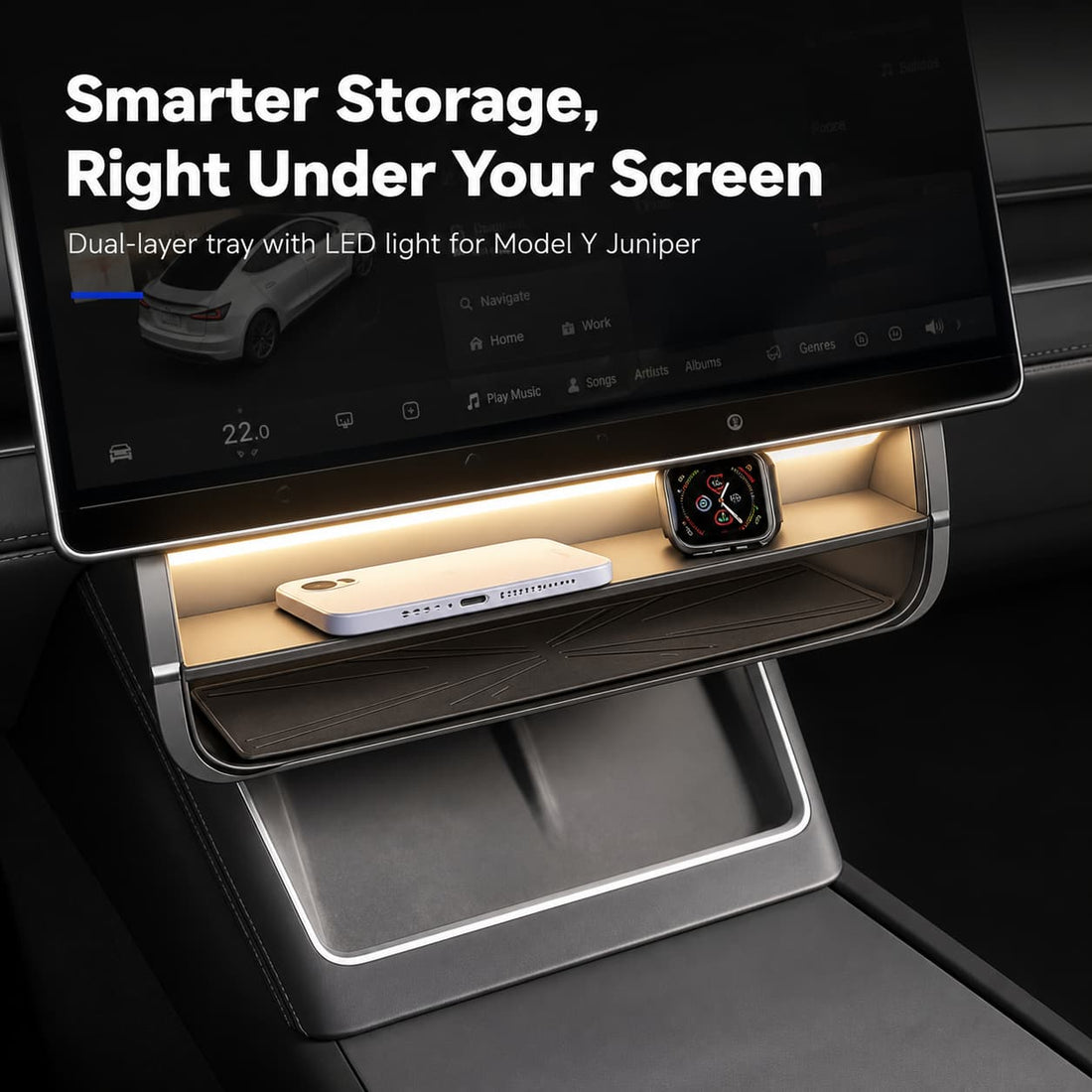 Dual-Layer Tray Under Screen Storage Box with LED Light for Model 3 Highland / Y Juniper