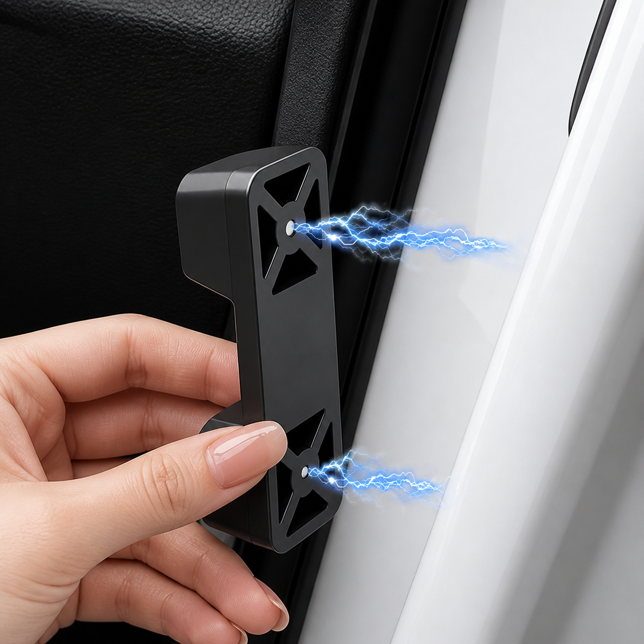 A hand holds a black plastic car door jammer against a white car door, with blue lightning graphics illustrating the electric shock effect.