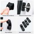 Four-panel product demonstration showing black silicone door seal strips. A hand holds one piece to show flexibility, one is shown installed on a door with a metal fastener, one shows the product being pressed into place, and a set of four strips is displayed on a white door with text calling out premium silicone material, waterproof and easy-to-clean properties, and easy installation.