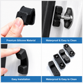 Four-panel product demonstration showing black silicone door handle protectors being applied by a hand, installed on a door handle, and grouped together. Text overlays read 'Premium Silicone Material', 'Waterproof & Easy to Clean', 'Easy Installation', and 'Waterproof & Easy to Clean'.