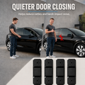 A set of four black rubber door stopper bumpers shown below a split-screen lifestyle demonstration of a man closing a black car door, with text reading 'QUIETER DOOR CLOSING' and a red arrow indicating reduced noise and rattles.