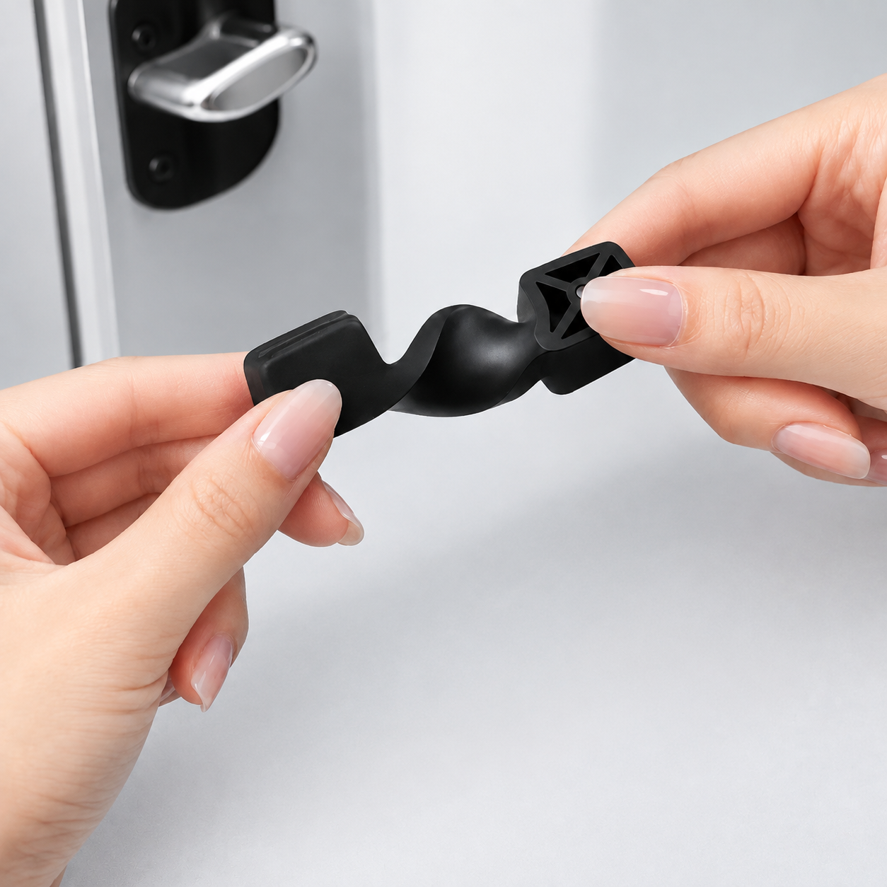 A close-up of a person's hands holding a black door stopper against a light gray background with a door handle visible in the upper left.