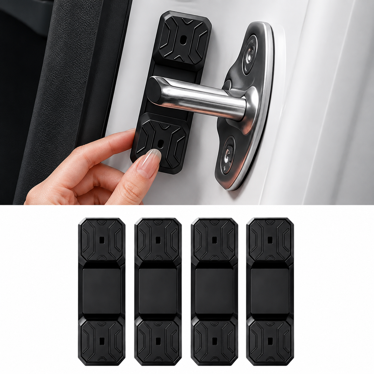 Four black door stopper pads shown with a hand pressing one into place on a white car door, plus a bottom row of four loose stoppers for scale.
