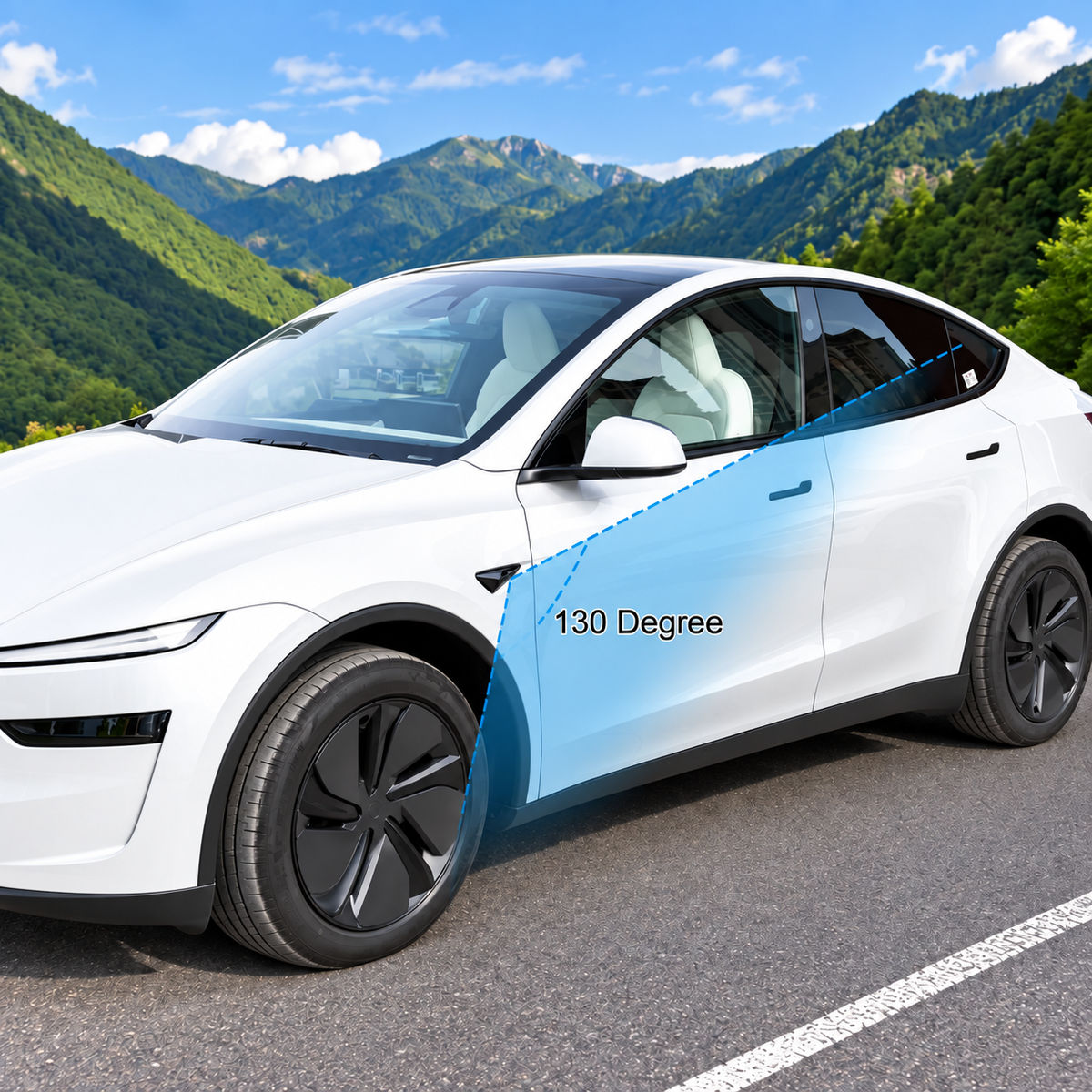 A white Tesla Model Y is parked on a road with a mountain landscape in the background. A translucent blue overlay highlights the side door area with the text '130 Degree' to demonstrate a door-jock or angle feature.