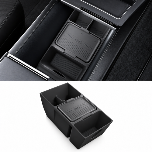A black silicone car center console organizer tray shown installed inside a console and also as a standalone product shot on a white background.