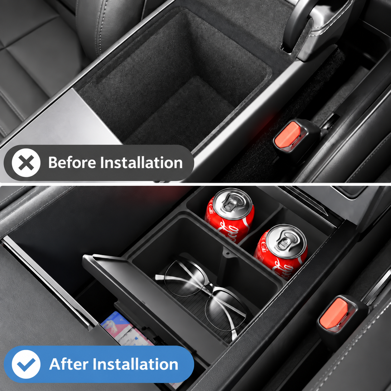 Before and after comparison of a car center console storage organizer tray. The top half shows the open console compartment with a text label 'Before Installation'.
