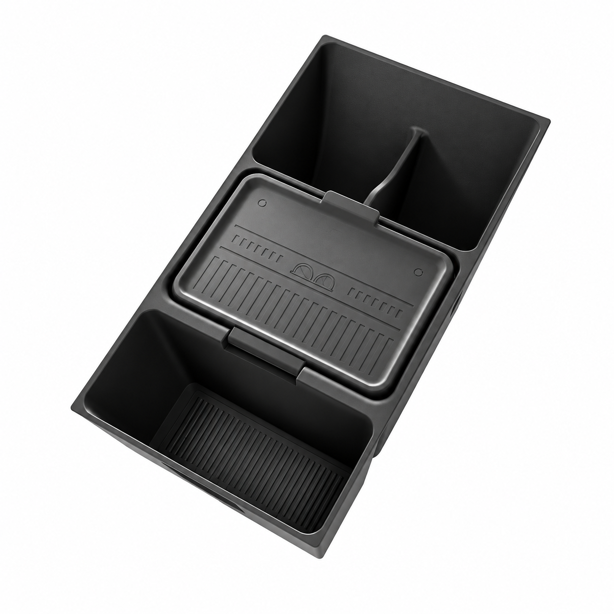 A black silicone car center console organizer tray with three compartments, including a lided storage bin, shown on a plain white background.