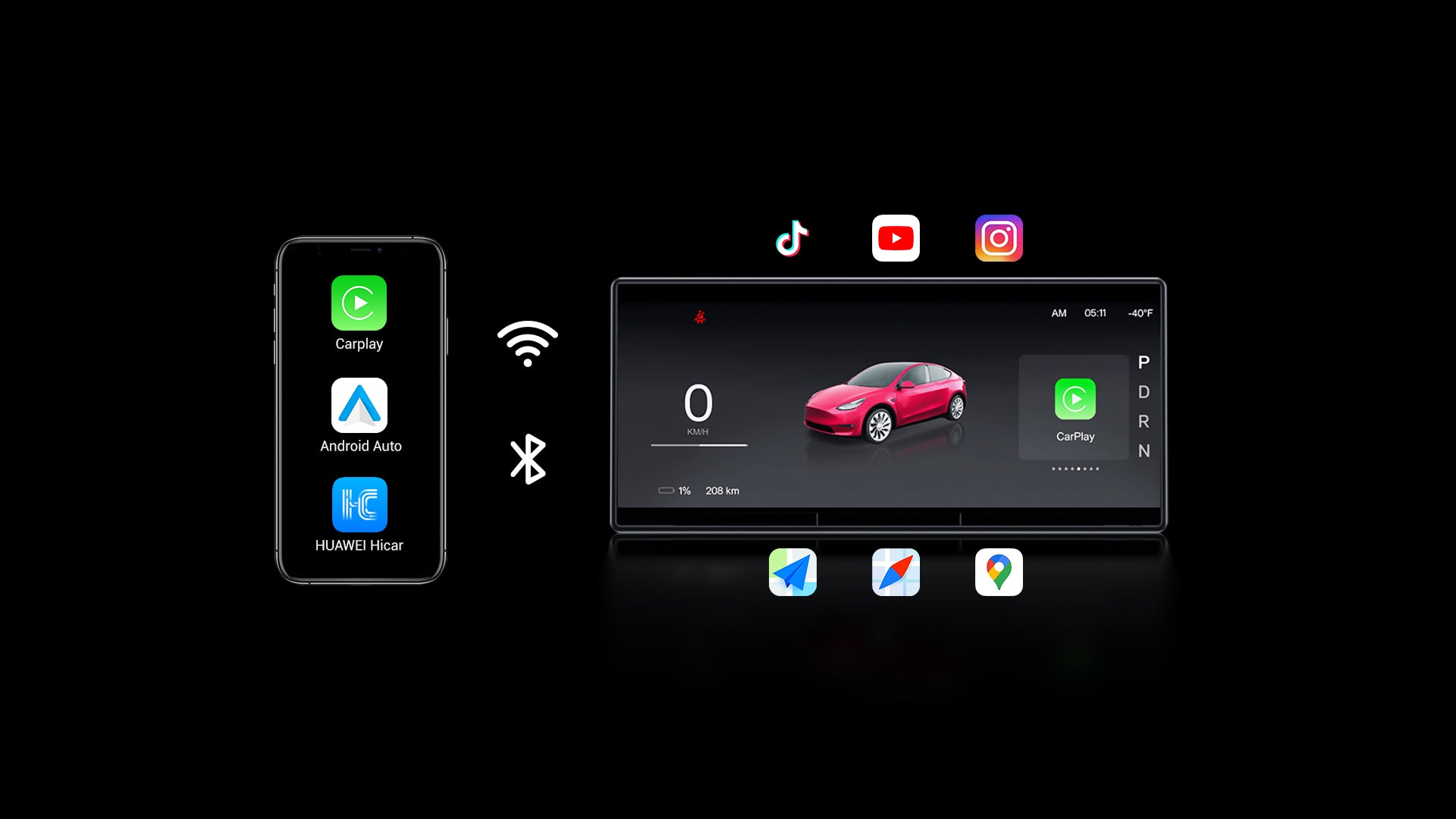 Car infotainment system with smartphone app icons on a black background