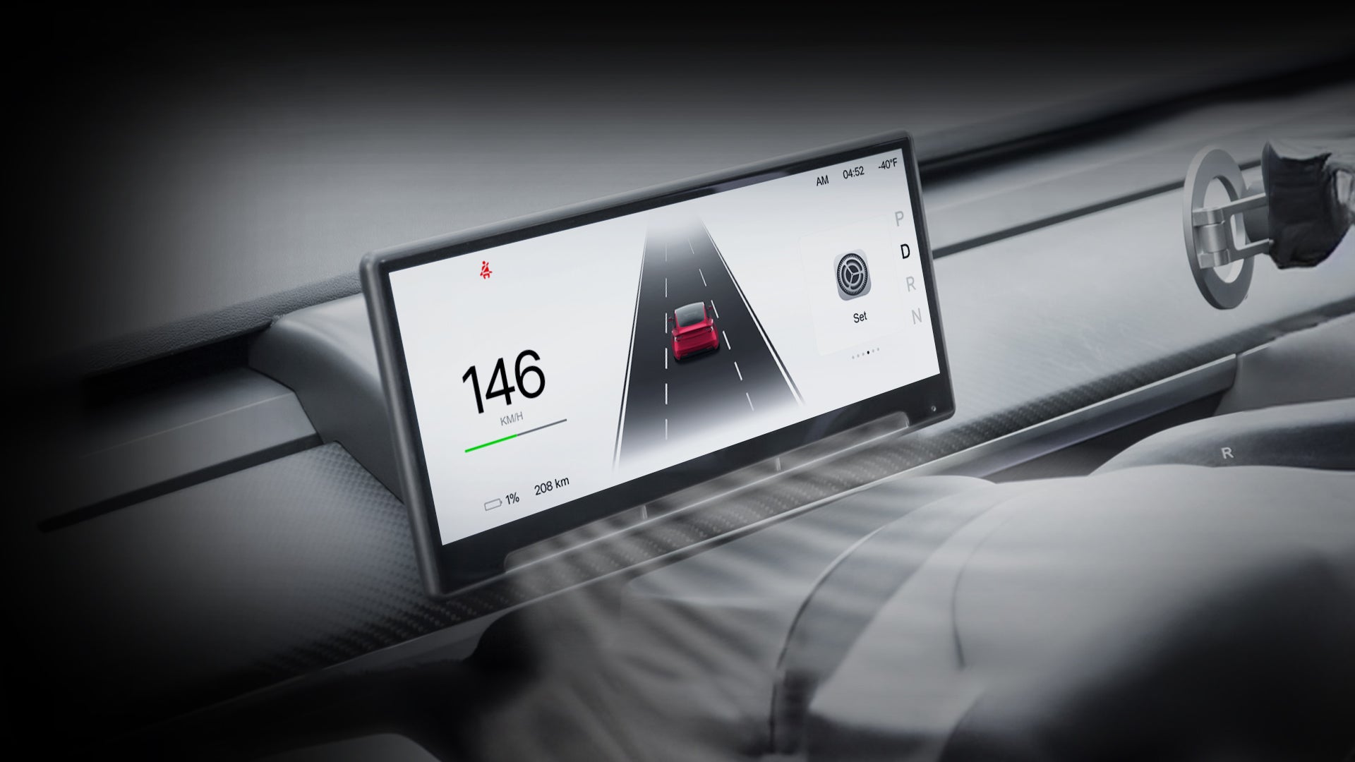 Car dashboard with a digital display showing a speedometer and navigation.
