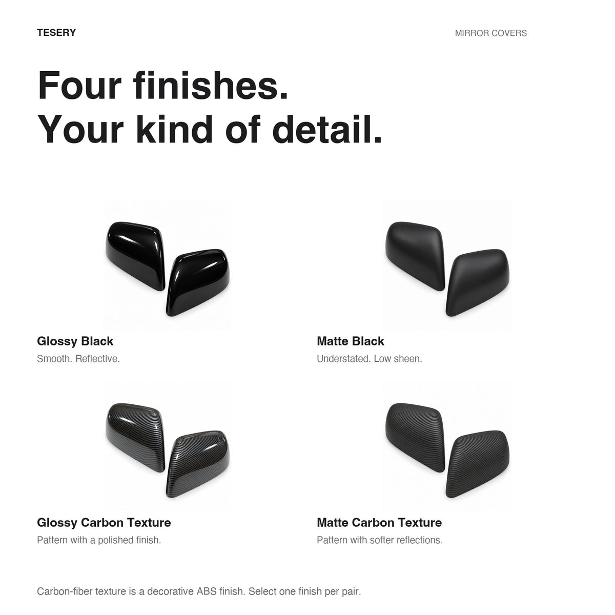 ABS Mirror Covers for Model 3/Y | 4 Finishes | 3M Tape | Scratch Protection | 3 Versions - Tesery Official Store