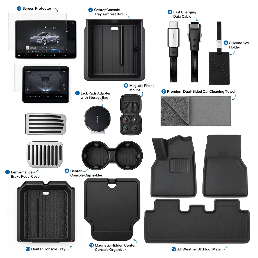 Model 3 accessory bundle overview with screen protectors, console organizers, pedal covers, jack pads, phone mount, cable, towel, key holder, and floor mats