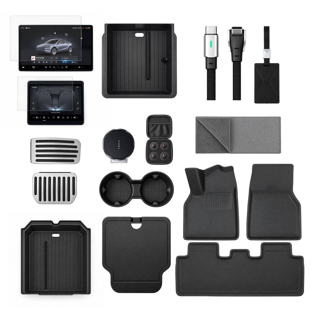 Model 3 accessory bundle overview with screen protectors, console organizers, pedal covers, jack pads, phone mount, cable, towel, key holder, and floor mats
